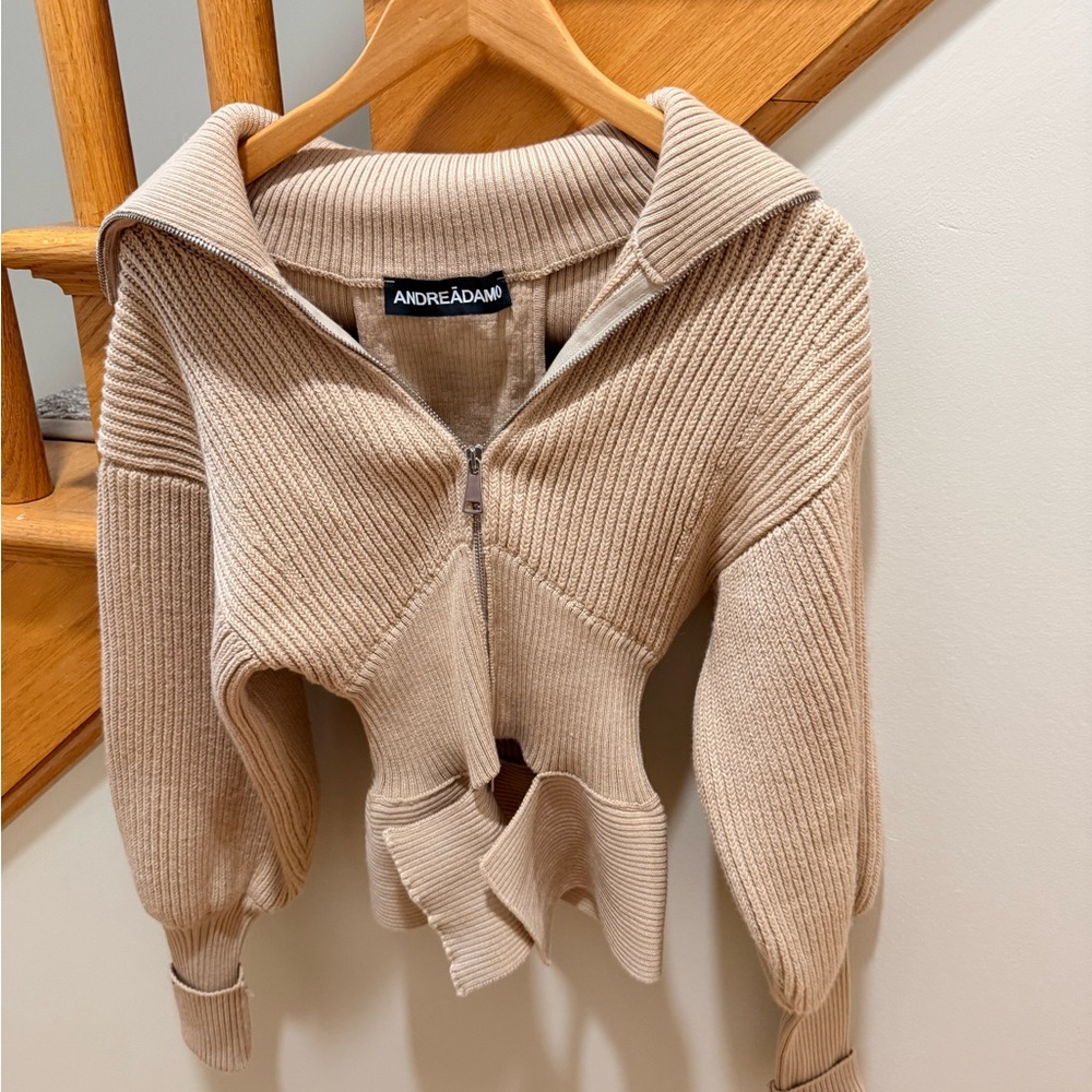 ANDREĀDAMO Sculptural Corset-Style Ribbed Knit Zip Cardigan